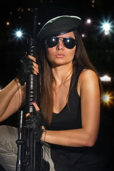 Army girl in glasses in the night — Stock Photo, Image