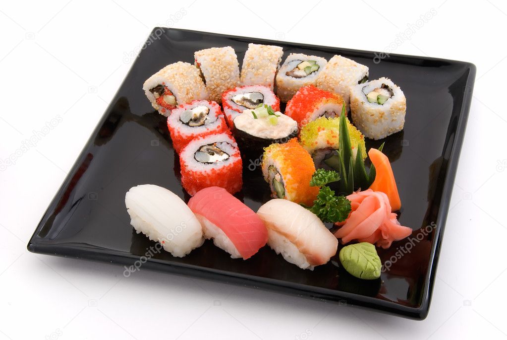 Made dish of rolls and sushi