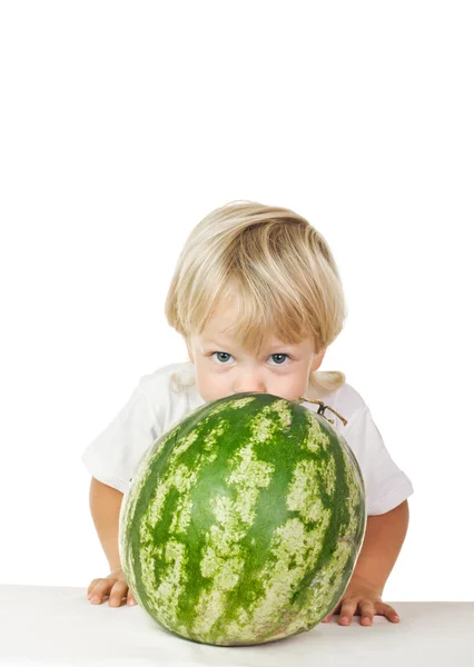 Little boy big watermelon — Stock Photo, Image