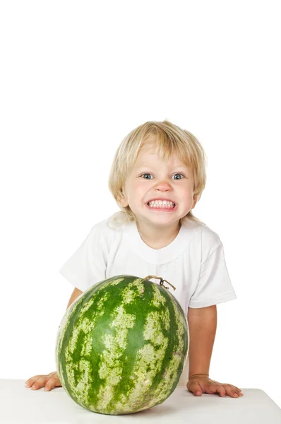 Little boy big watermelon — Stock Photo, Image