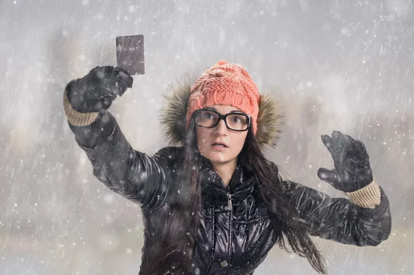 With card in snowfall — Stock Photo, Image