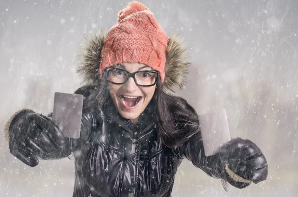 With card in snowfall — Stock Photo, Image