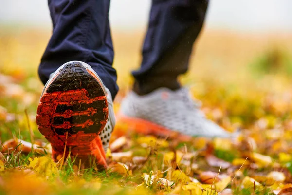 Autumn leaves and mans sneakers — Stock Photo, Image