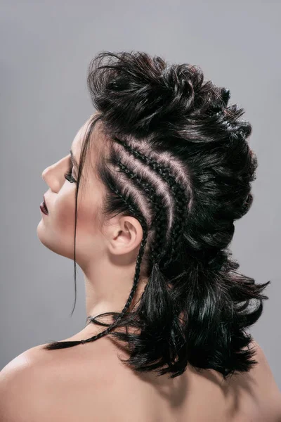 Brunette Young Woman Trendy Creative Braided Hairstyle — Stock Photo, Image