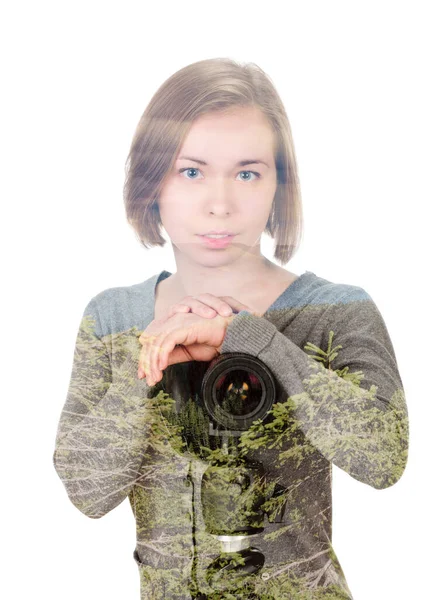 白のカメラを持つ若い女性の肖像 二重多重露光効果 組み合わせ画像 — ストック写真
