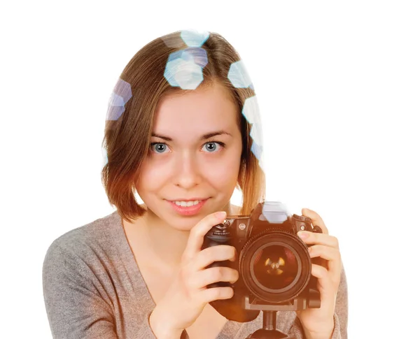 Porträt Einer Jungen Frau Mit Kamera Auf Weiß Doppelte Mehrfachbelichtung — Stockfoto