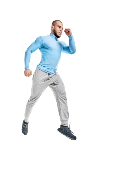 Healthy Fit Man Warming Jumping White Background — 스톡 사진