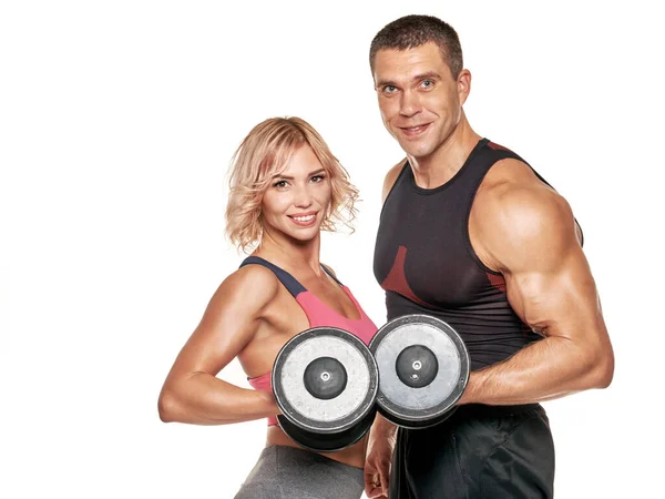 Portrait Healthy Fitness Man Woman Posing Dumbbells — Stock Photo, Image