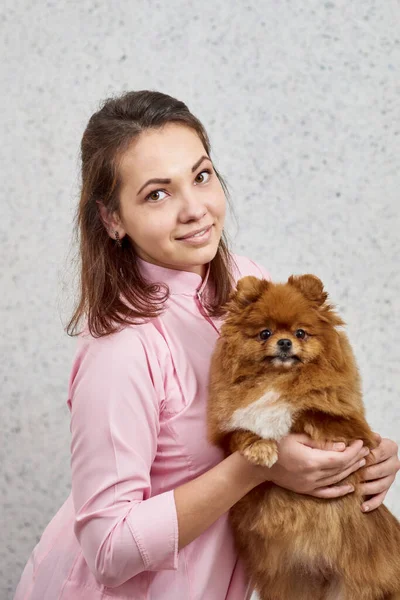 Jovem Profissional Veterinário Segurando Pomeranian Após Grooming — Fotografia de Stock