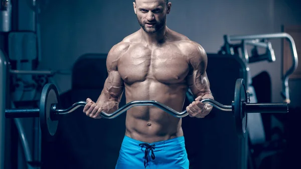 Muscolare Uomo Forte Che Esercizi Con Bilanciere Palestra Immagine Con — Foto Stock