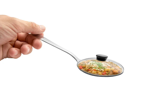 Closeup Hand Holding Spoon Soup Covered Lid Concept Balanced Nutrition — 스톡 사진