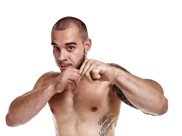 Portrait Strong Healthy Man Practicing Boxing Kick — Stock Photo, Image