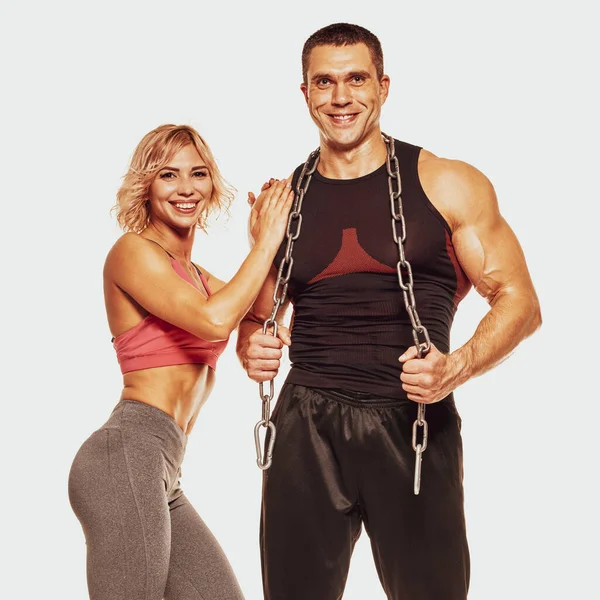 Portrait Happy Sporty Athletic Couple Posing Iron Chain — Stockfoto