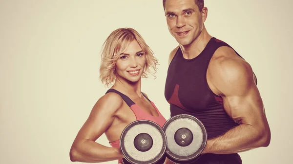 Portrait Healthy Fitness Man Woman Posing Dumbbells Image Vintage Toning — 스톡 사진
