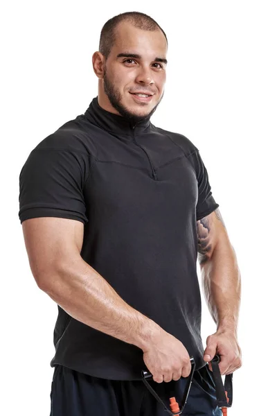 Handsome Smiling Young Man Doing Exercises Expander — Stock Photo, Image