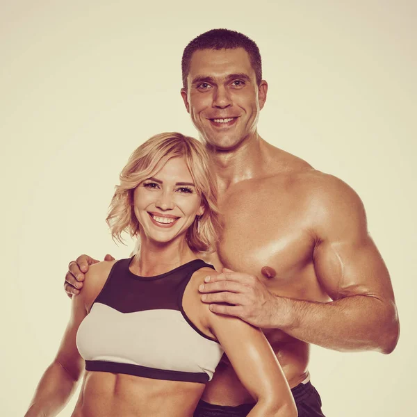 Toned Photo Smiling Fit Sporty Bodybuilders Posing Together — Zdjęcie stockowe