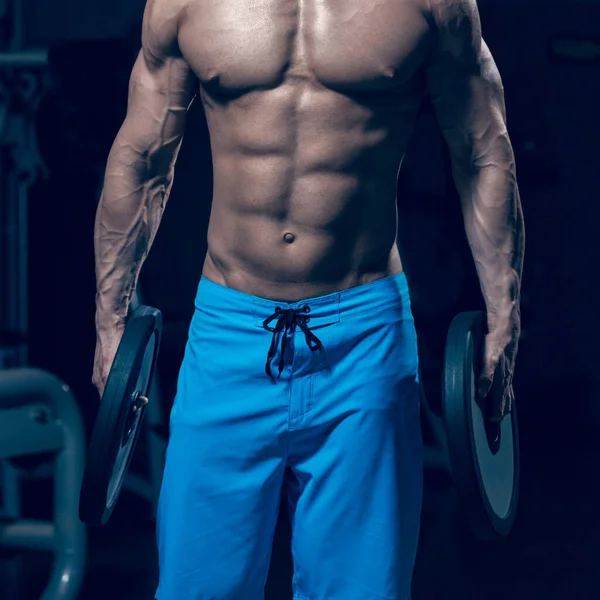 Portrait Muscular Naked Man Holding Barbell Weights Image Cold Vintage — Foto Stock