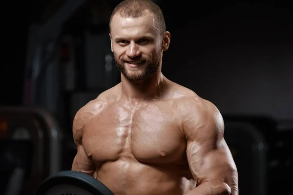 Portrait Smiling Shirtless Athletic Man Doing Exercises Barbell Plate — Stock Photo, Image