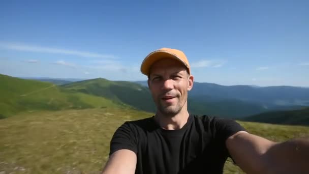 Young Excited Hiker Packpack Making Selfie Carpathian Mountains — Stock Video