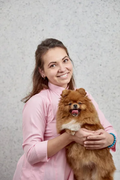 Retrato Alegre Sorridente Veterinário Médico Segurando Pomeranian Spitz — Fotografia de Stock