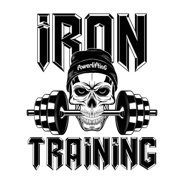 Drawing of a skull with dumbbells in the teeth. Iron sport. Bodybuilding. Powerlifting. Vector illustration for t shirt print, textiles. Hand drawn sport logos, badges, labels. Poster.
