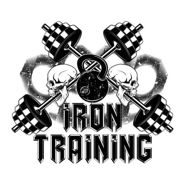 Drawing of a skull with a barbell in its teeth. Iron sport. Bodybuilding. Powerlifting. No pain, no gain. Vector illustration for t shirt print, textiles. Hand drawn sport logos, badges, labels. Poster.