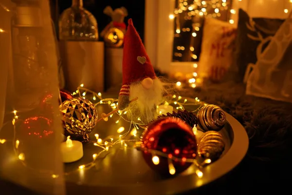 New Year 2021 Interior Candles Bulbs Bokeh Room Decorated Christmas — Stock Photo, Image
