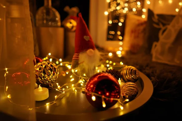 New Year 2021 Interior Candles Bulbs Bokeh Room Decorated Christmas — Stock Photo, Image