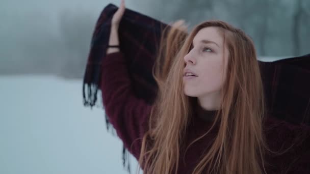 Девочка Наслаждается Снежным Пейзажем Ледяном Озере — стоковое видео