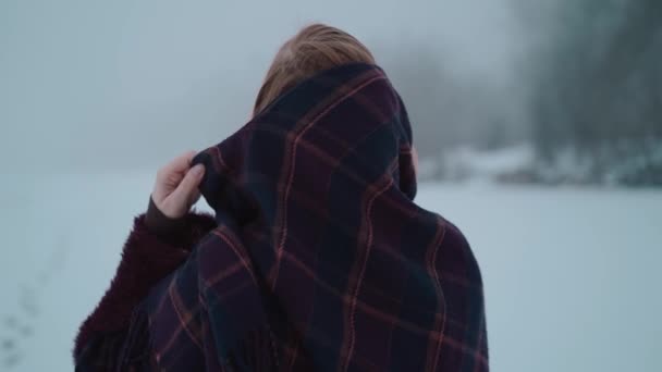 一个女孩在冰湖上欣赏雪景 — 图库视频影像