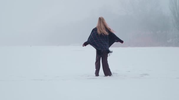 氷の湖で雪景色を楽しむ少女 — ストック動画