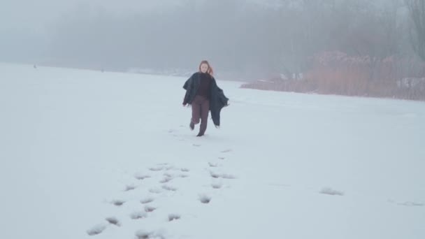 Ein Mädchen Genießt Die Schneelandschaft Auf Dem Eissee — Stockvideo
