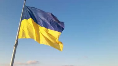 Ukrayna 'nın son derece detaylı kumaş dokuma bayrağı. Ukrayna bayrağının yavaş çekimde dalgalanan gökyüzü mavi ve sarı Ukrayna sarı-mavi rengi. Ukrayna bayrağının dalgalanan ulusal sembolü ülke
