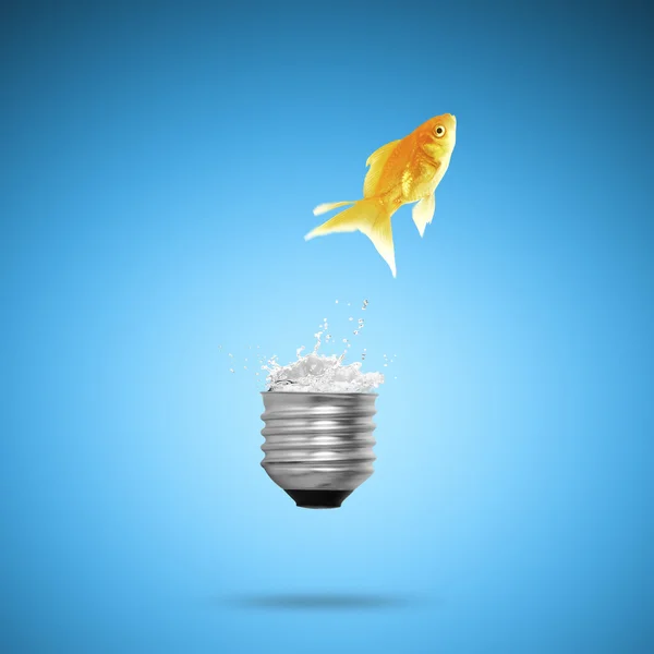 Goldfish jumping light bulb — Stock Photo, Image