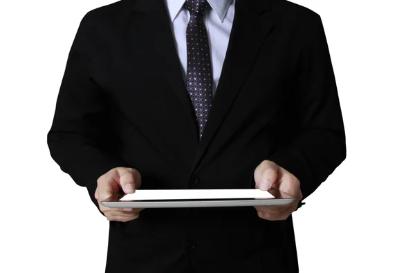 Touch- tableta en las manos Hombre de negocios — Foto de Stock