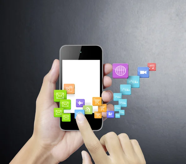 Pekskärm för mobiltelefon, i handen — Stockfoto