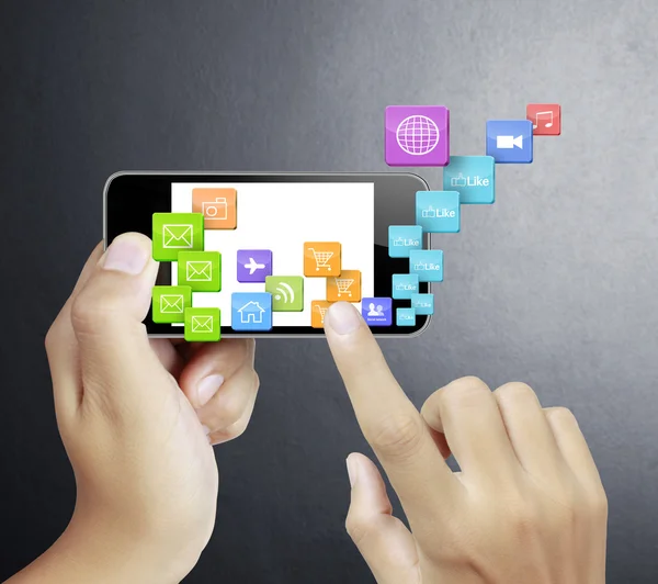 Touchscreen mobiele telefoon, in de hand — Stockfoto
