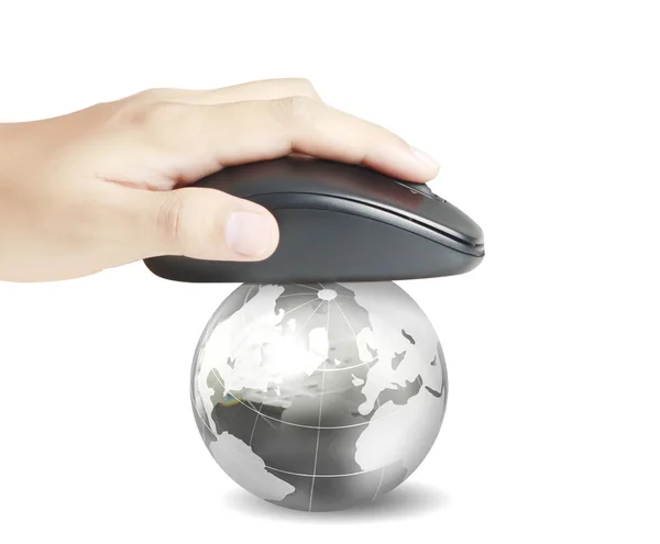 Hand with computer mouse and globe — Stock Photo, Image