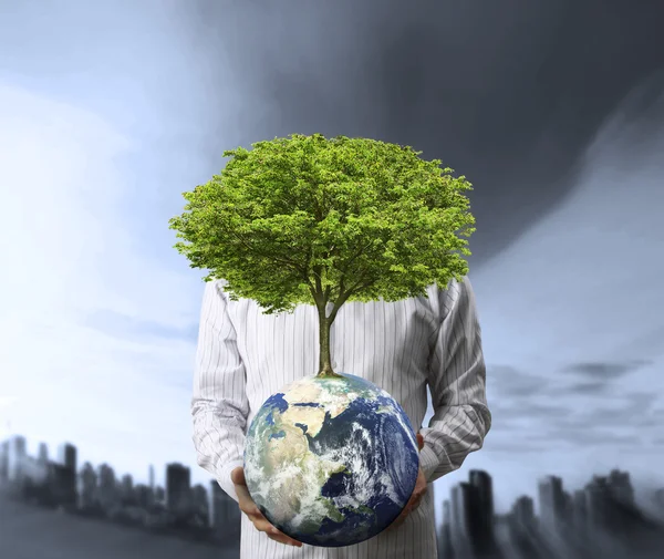 Sosteniendo un globo de tierra brillante (NASA) y un árbol en su mano — Foto de Stock