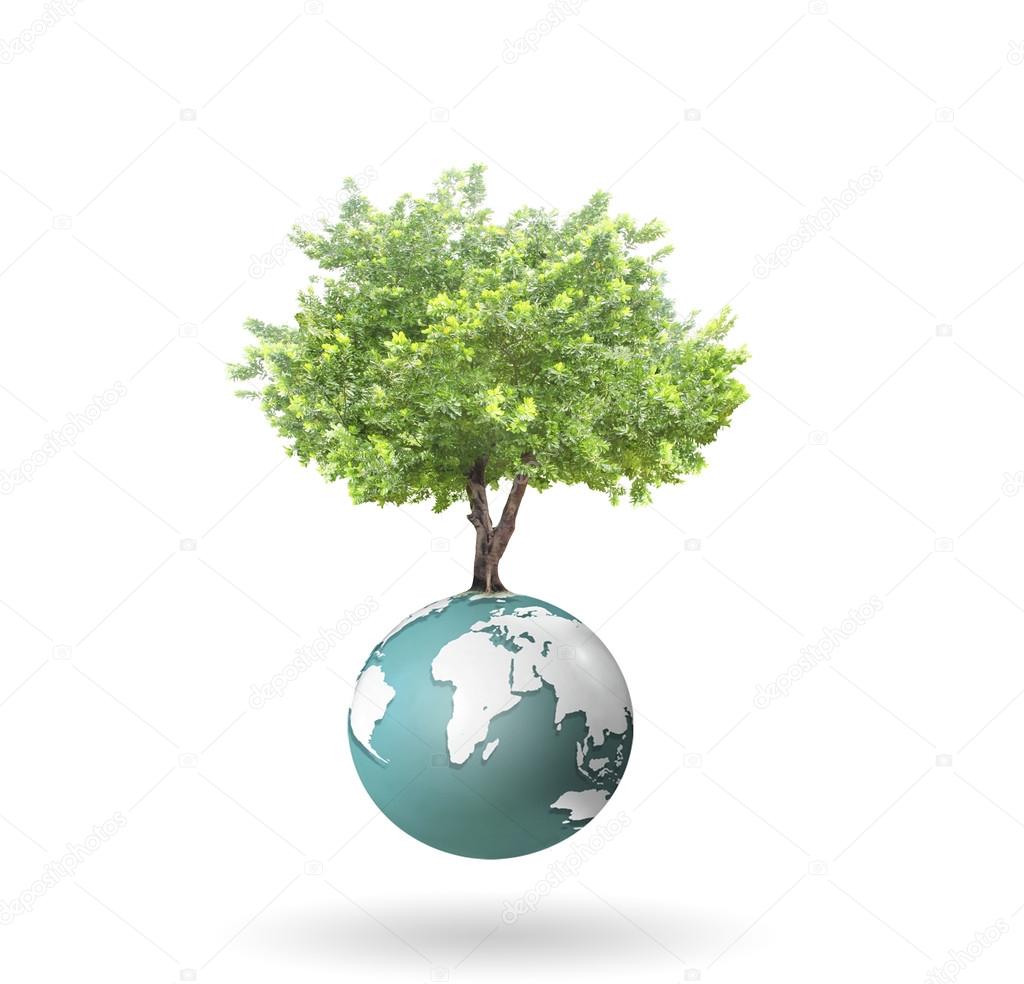 Small peaceful green planet ,tree on globe 