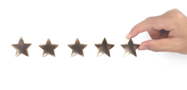 Dłoń Dotykania Wzrasta Pięć Gwiazdek Zwiększenie Koncepcji Oceny Klasyfikacji Ratingów — Zdjęcie stockowe