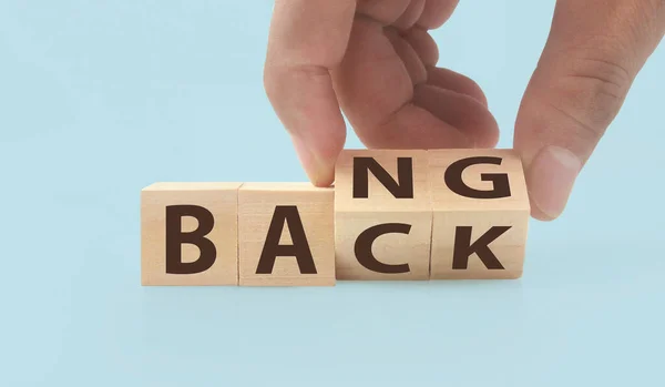 Hand Puts Wooden Cube Letter Word Back Bang Wooden Cubes — Stock Photo, Image