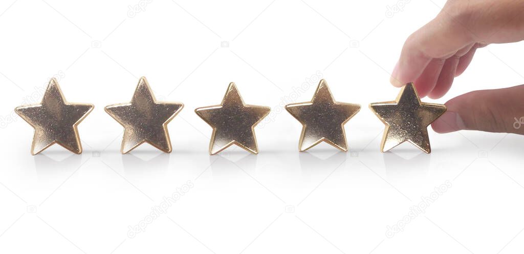 Rise on increasing five stars in human hand, Increase rating evaluation classification concept