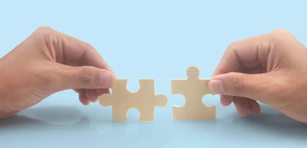 Connecting Jigsaw Puzzle Hand Business Solutions Success Strategy Concept — Stock Photo, Image