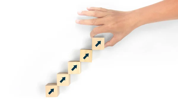 Business Connecting Piece Multi Wood Chart Blocks Steps Hand — Stock Photo, Image