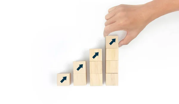 Business Connecting Piece Multi Wood Chart Blocks Steps Hand — Fotografia de Stock