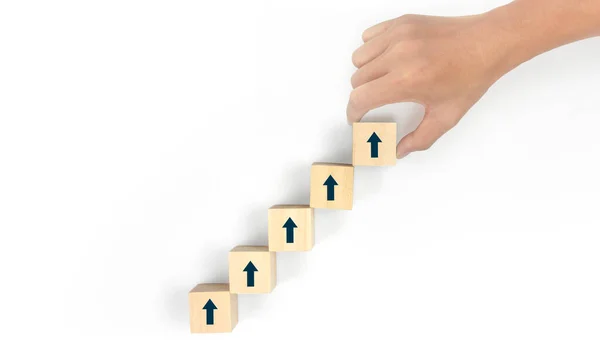 Business Connecting Piece Multi Wood Chart Blocks Steps Hand — Stockfoto