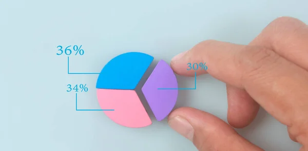 Business connecting piece of multi colored pie wood chart in a hand