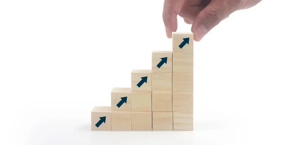 Business Connecting Piece Multi Wood Chart Blocks Steps Hand — Stock fotografie