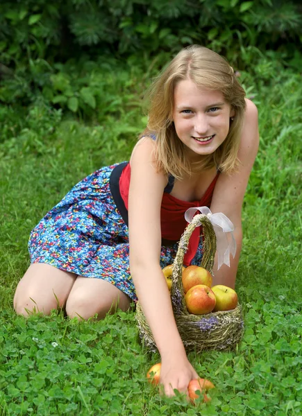 Menina com uma cesta de maçãs — Fotografia de Stock